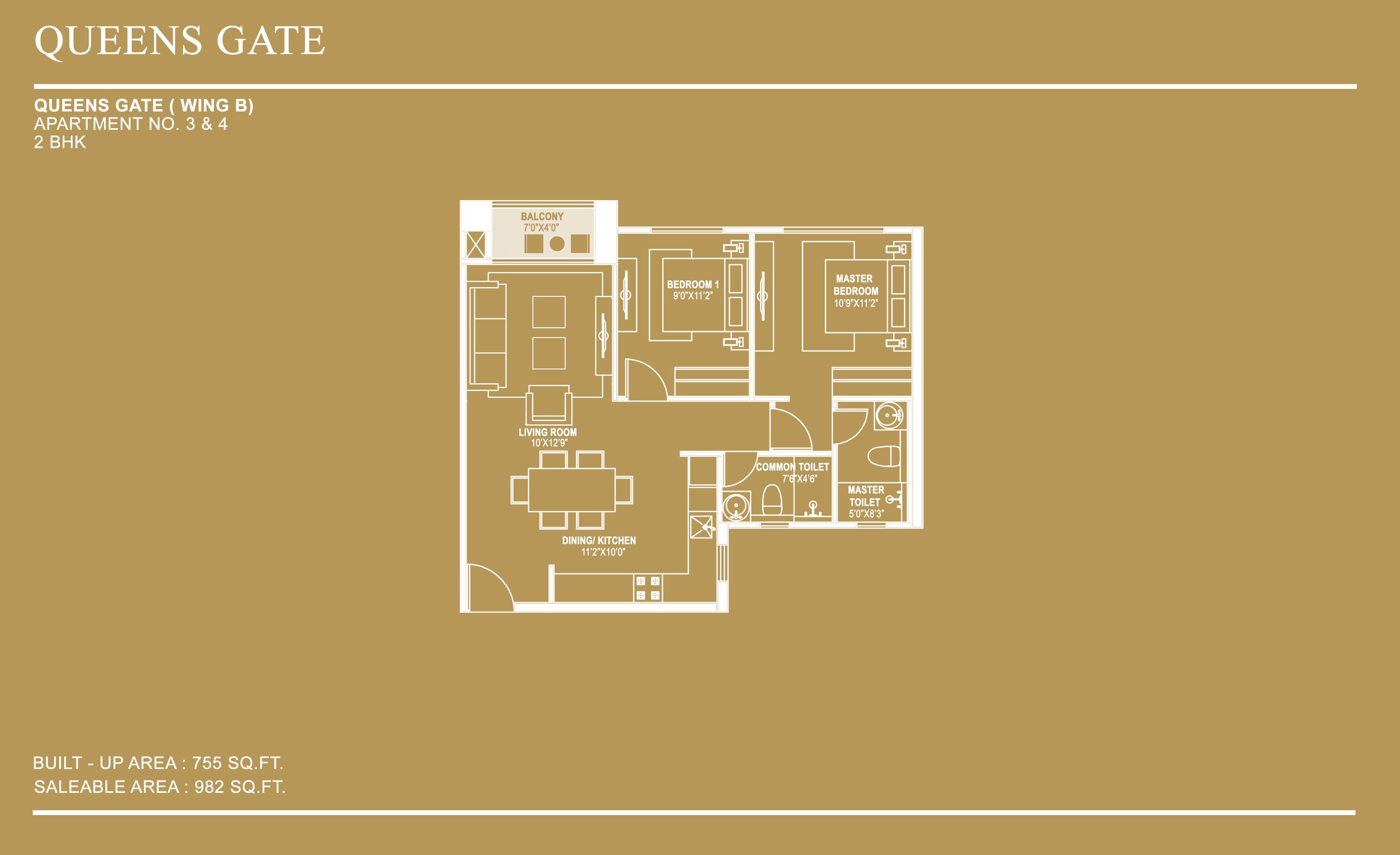 Floor plan of 2 BHK 982 Sq. Ft. Apartment in Hiranandani Queensgate, Bangalore