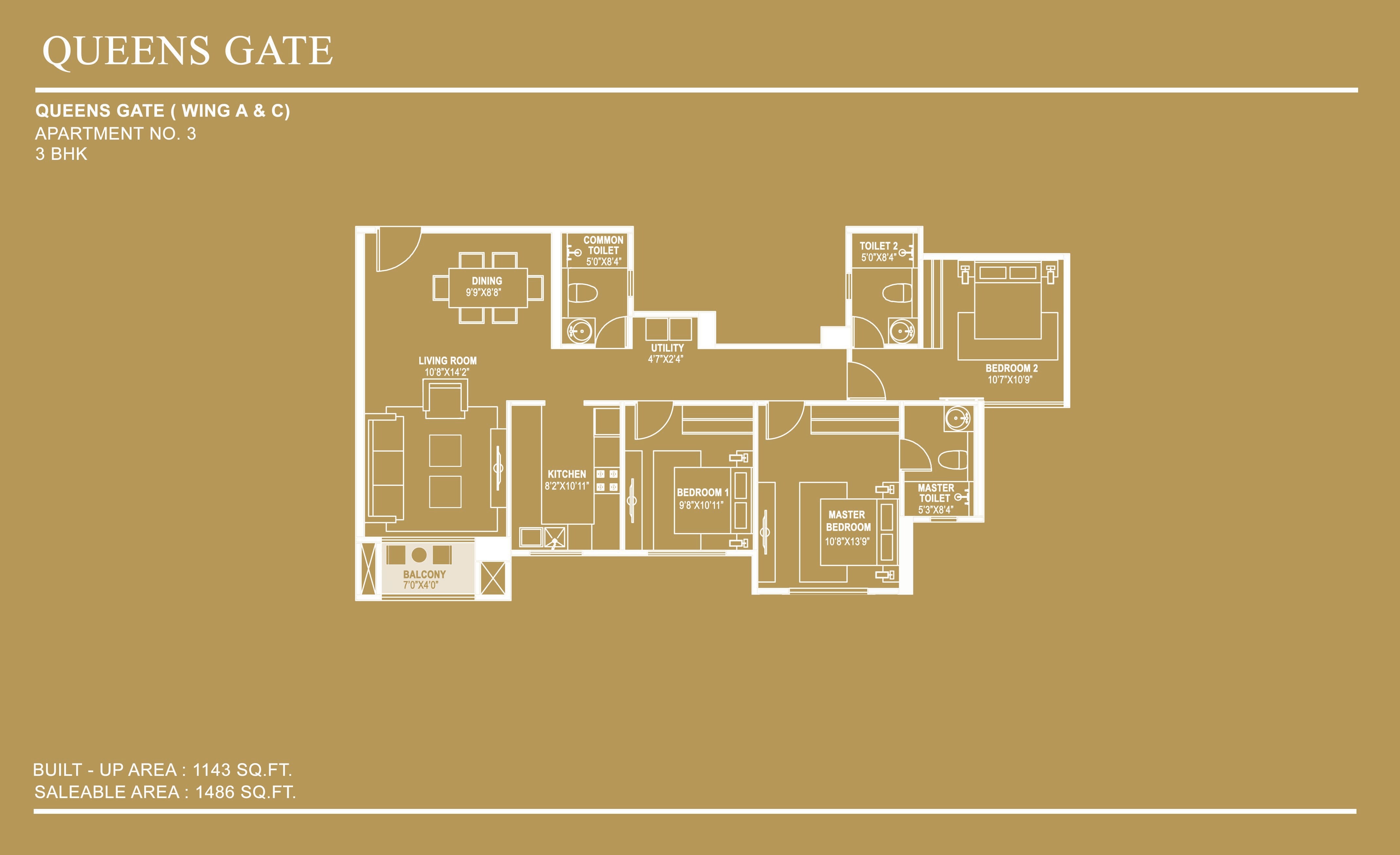 Floor plan of 3 BHK 1486 Sq. Ft. Apartment in Hiranandani Queensgate, Bangalore