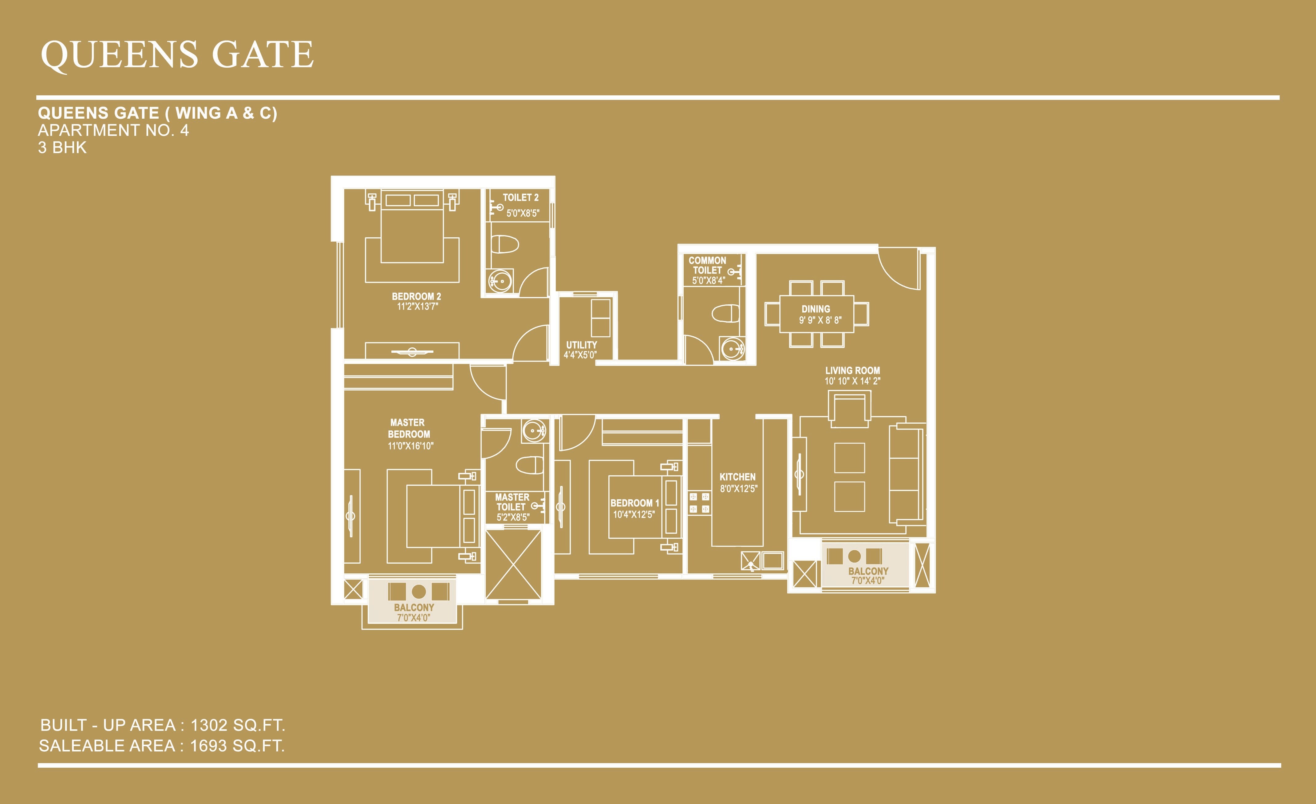 Floor plan of 3 BHK 1693 Sq. Ft. Apartment in Hiranandani Queensgate, Bangalore