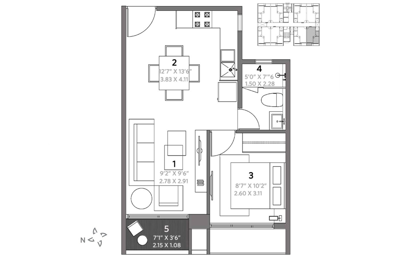 Floor plan of 1 BHK 419 Sq. Ft. Apartment in Hiranandani Torino, Bangalore
