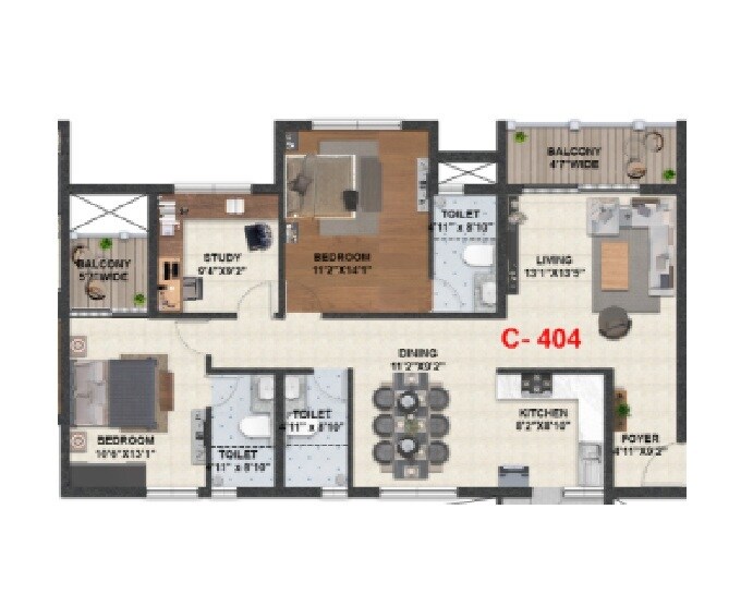 Floor plan of 2 BHK 1000 Sq. Ft. Apartment in Hiren Wahen Highcliff, Bangalore