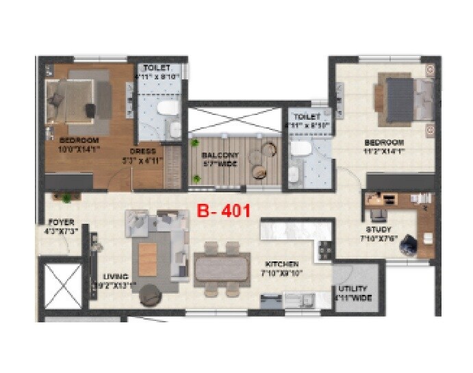 Floor plan of 2 BHK 1025 Sq. Ft. Apartment in Hiren Wahen Highcliff, Bangalore