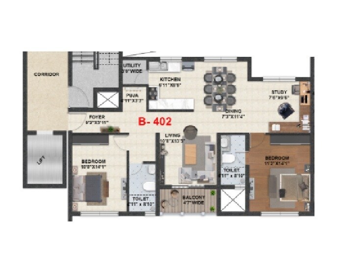 Floor plan of 2 BHK 1035 Sq. Ft. Apartment in Hiren Wahen Highcliff, Bangalore