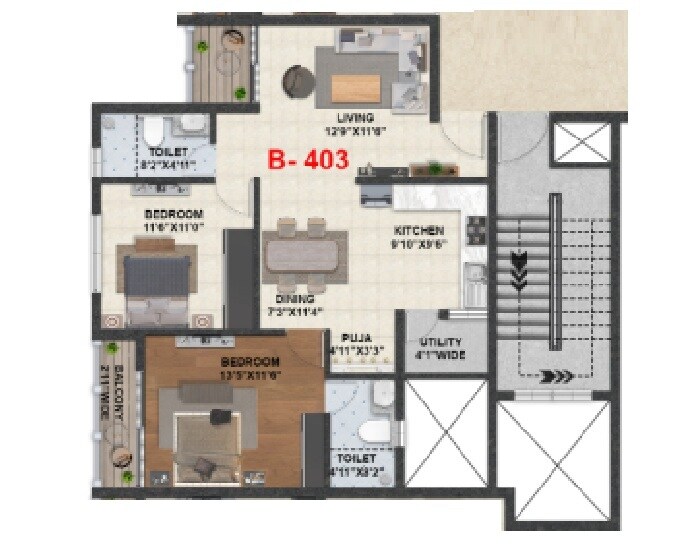 Floor plan of 2 BHK 1084 Sq. Ft. Apartment in Hiren Wahen Highcliff, Bangalore