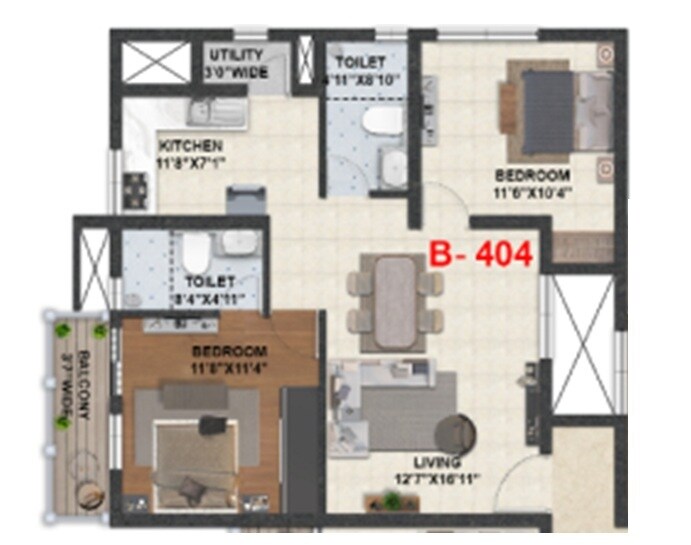 Floor plan of 2 BHK 1220 Sq. Ft. Apartment in Hiren Wahen Highcliff, Bangalore