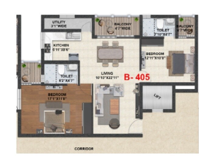 Floor plan of 2 BHK 1370 Sq. Ft. Apartment in Hiren Wahen Highcliff, Bangalore