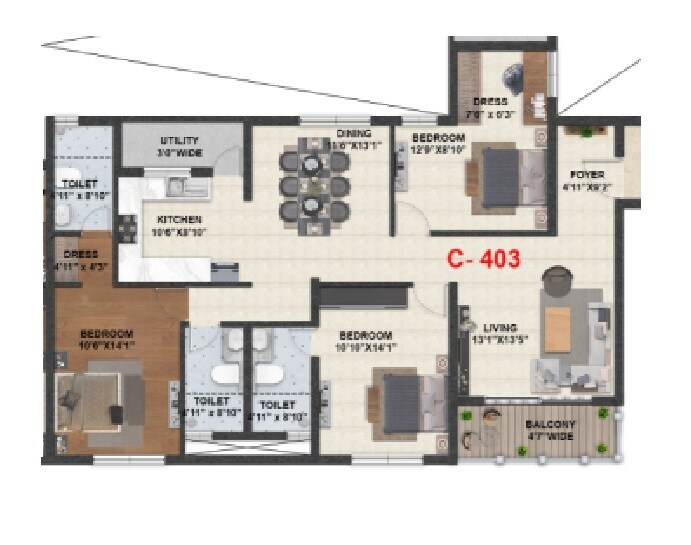 Floor plan of 3 BHK 1505 Sq. Ft. Apartment in Hiren Wahen Highcliff, Bangalore