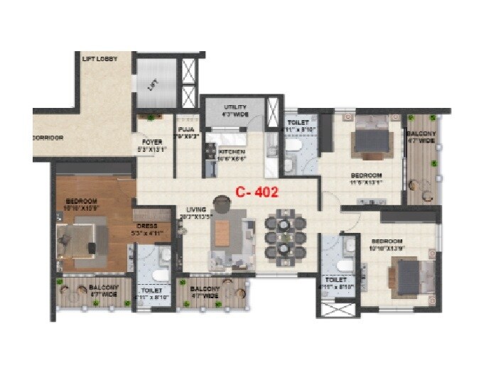 Floor plan of 3 BHK 1625 Sq. Ft. Apartment in Hiren Wahen Highcliff, Bangalore