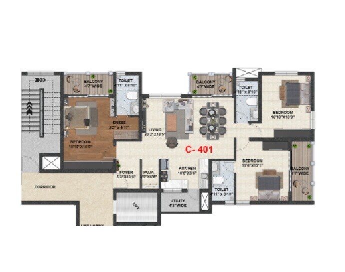 Floor plan of 3 BHK 1740 Sq. Ft. Apartment in Hiren Wahen Highcliff, Bangalore