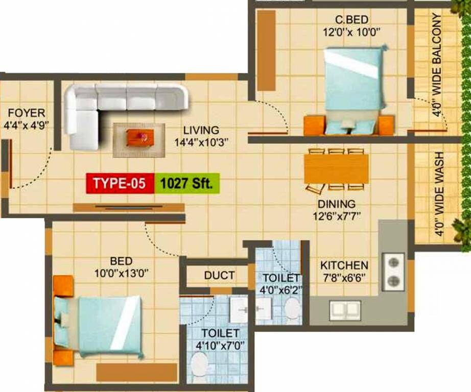 Floor plan of 2 BHK 1027 Sq. Ft. Apartment in Hita Malibu Jasmine, Bangalore