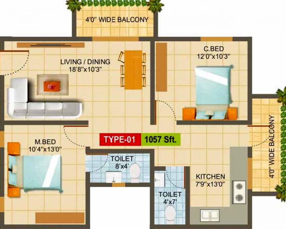 Floor plan of 2 BHK 1057 Sq. Ft. Apartment in Hita Malibu Jasmine, Bangalore