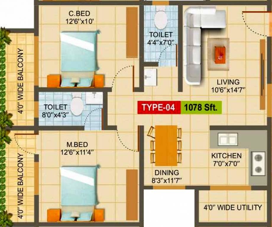 Floor plan of 2 BHK 1078 Sq. Ft. Apartment in Hita Malibu Jasmine, Bangalore
