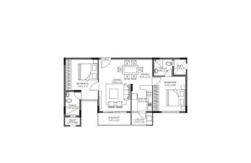 Floor plan of 2 BHK 1033 Sq. Ft. Apartment in HM Crescendo, Bangalore