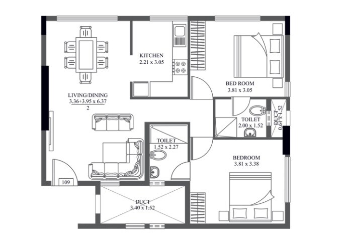 Floor plan of 2 BHK 1079 Sq. Ft. Apartment in HM Crescendo, Bangalore