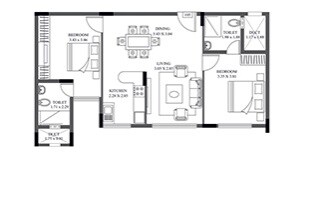 Floor plan of 2 BHK 1110 Sq. Ft. Apartment in HM Crescendo, Bangalore