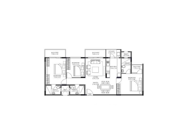 Floor plan of 3 BHK 1324 Sq. Ft. Apartment in HM Crescendo, Bangalore