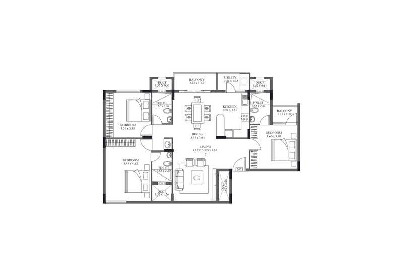 Floor plan of 3 BHK 1468 Sq. Ft. Apartment in HM Crescendo, Bangalore