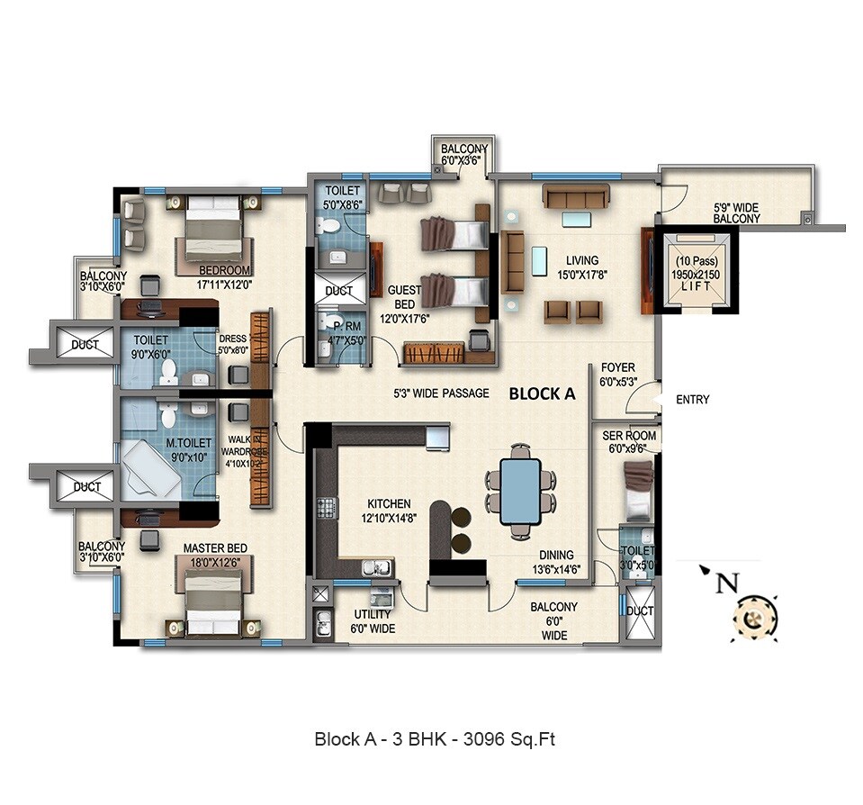 Floor plan of 3 BHK 3096 Sq. Ft. Apartment in HM Grandeur, Bangalore