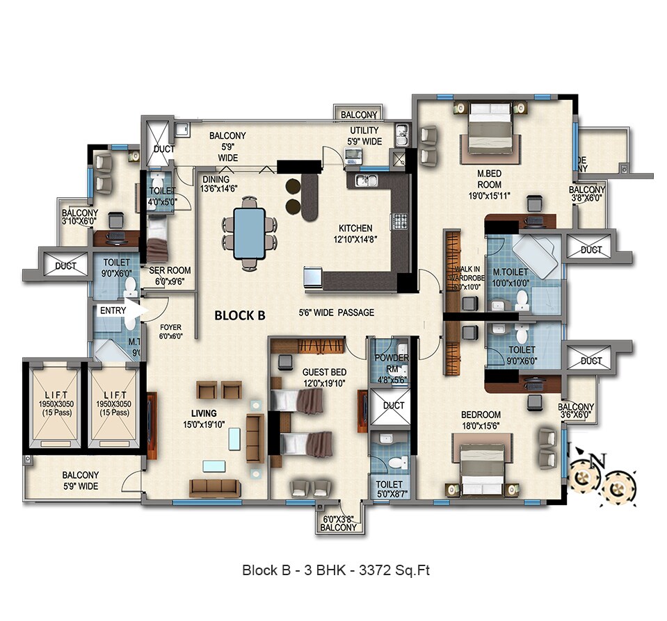 Floor plan of 3 BHK 3372 Sq. Ft. Apartment in HM Grandeur, Bangalore