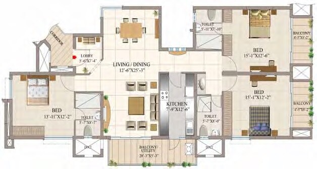 Floor plan of 3 BHK 2030 Sq. Ft. Apartment in HM Tropical Tree, Bangalore