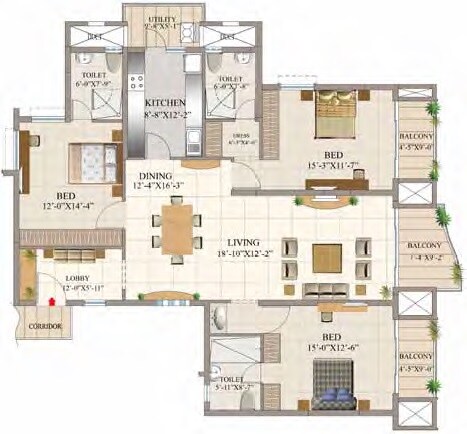 Floor plan of 3 BHK 2150 Sq. Ft. Apartment in HM Tropical Tree, Bangalore