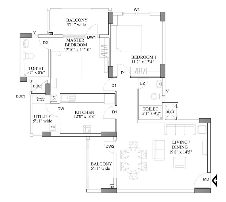 Floor plan of 2 BHK 1517 Sq. Ft. Apartment in HM World City, Bangalore
