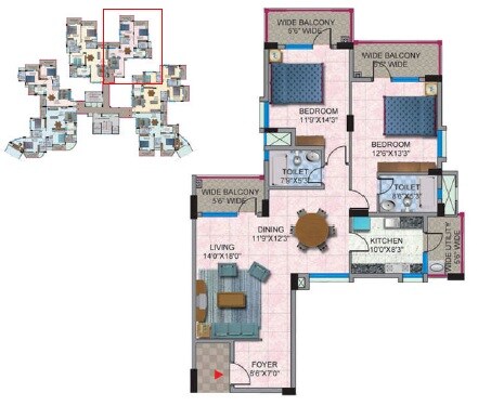 Floor plan of 2 BHK 1571 Sq. Ft. Apartment in HM World City, Bangalore