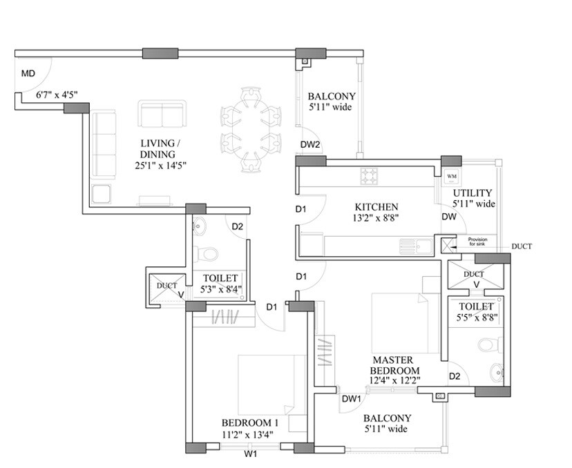 Floor plan of 2 BHK 1725 Sq. Ft. Apartment in HM World City, Bangalore