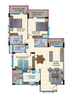 Floor plan of 3 BHK 1838 Sq. Ft. Apartment in HM World City, Bangalore