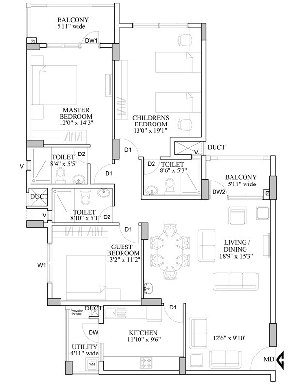 Floor plan of 3 BHK 1947 Sq. Ft. Apartment in HM World City, Bangalore
