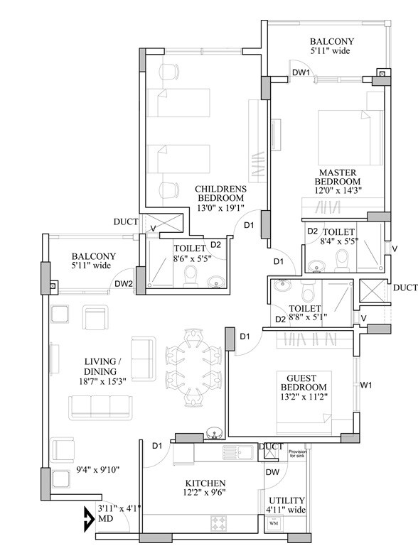 Floor plan of 3 BHK 1995 Sq. Ft. Apartment in HM World City, Bangalore