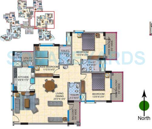 Floor plan of 3 BHK 2029 Sq. Ft. Apartment in HM World City, Bangalore