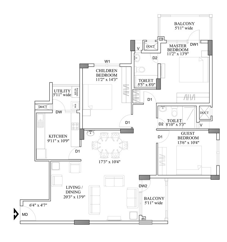 Floor plan of 3 BHK 1900 Sq. Ft. Apartment in HM World City, Bangalore
