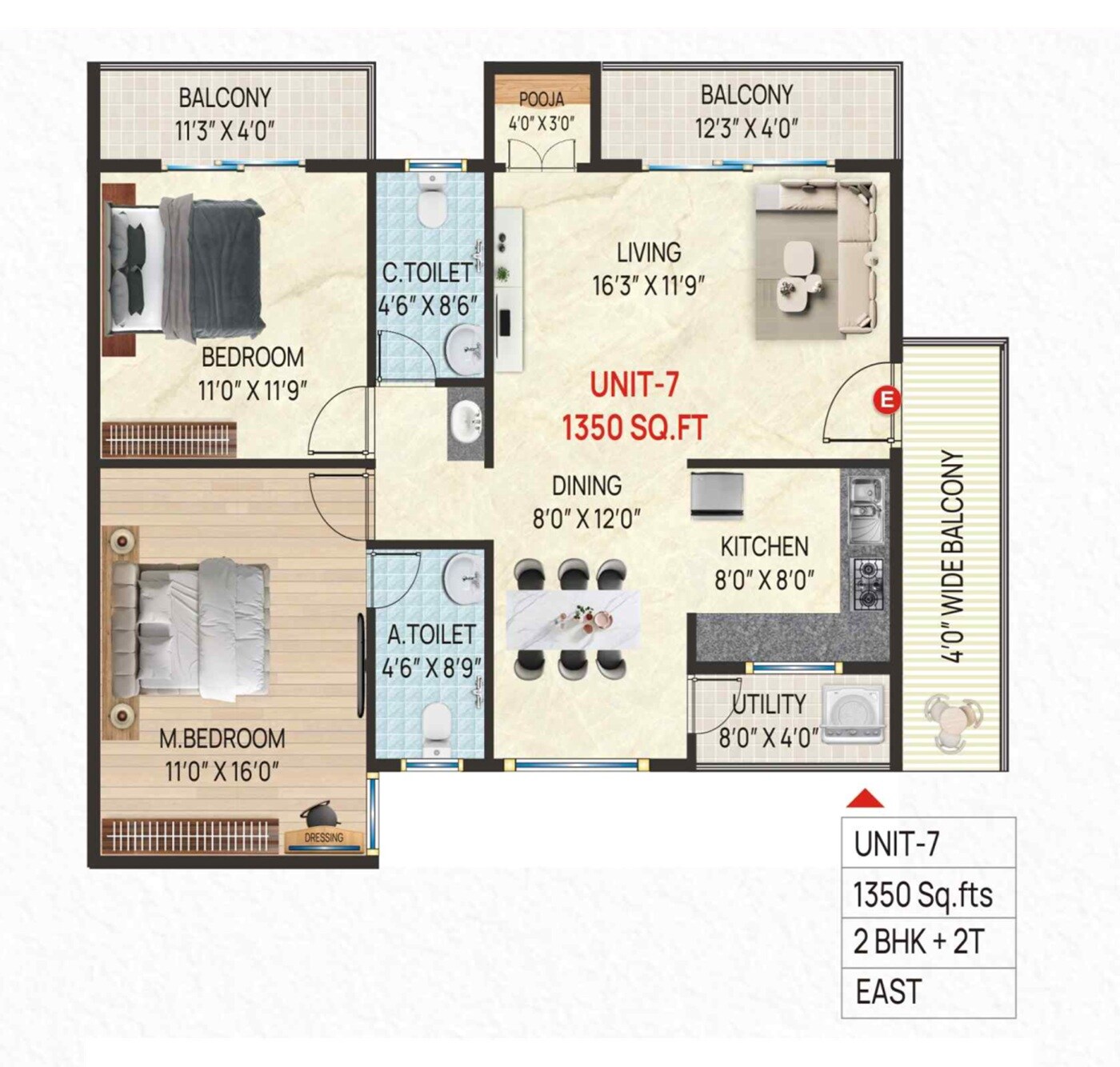 Floor plan of 2 BHK Apartment - 1350 sq. ft. in Honey Comb Sanchike, Bangalore