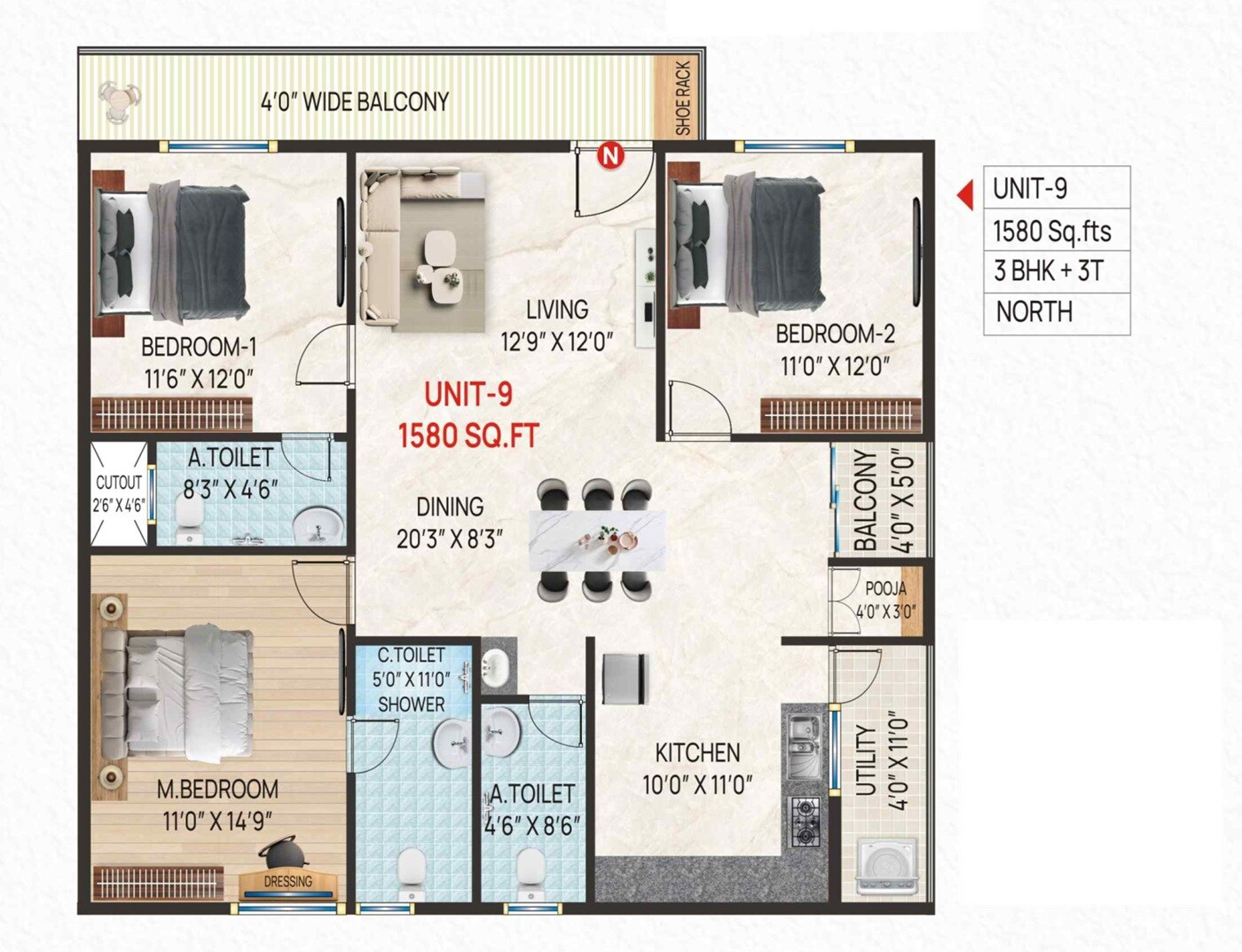 3 BHK 1580 Sq. Ft. Apartment
