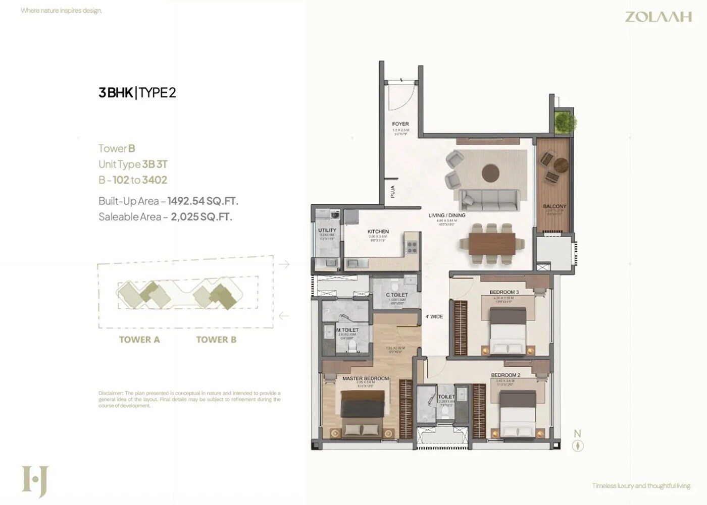 Floor plan of 3 BHK 2025 Sq. Ft. Apartment in Houze of Jindal Zolaah, Bangalore