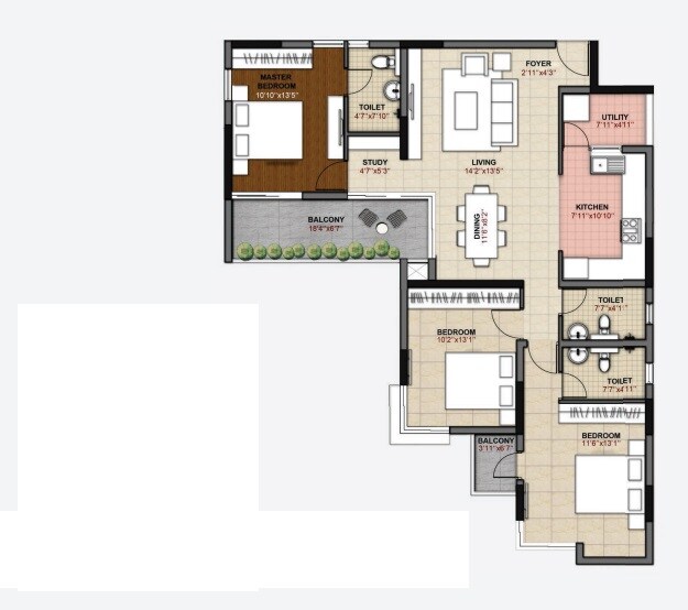 Floor plan of 3 BHK 1655 Sq. Ft. Apartment in Hoyasala Ace Phase 2, Bangalore