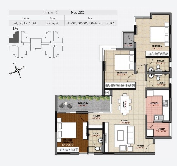 Floor plan of 3 BHK 1671 Sq. Ft. Apartment in Hoyasala Ace Phase 2, Bangalore