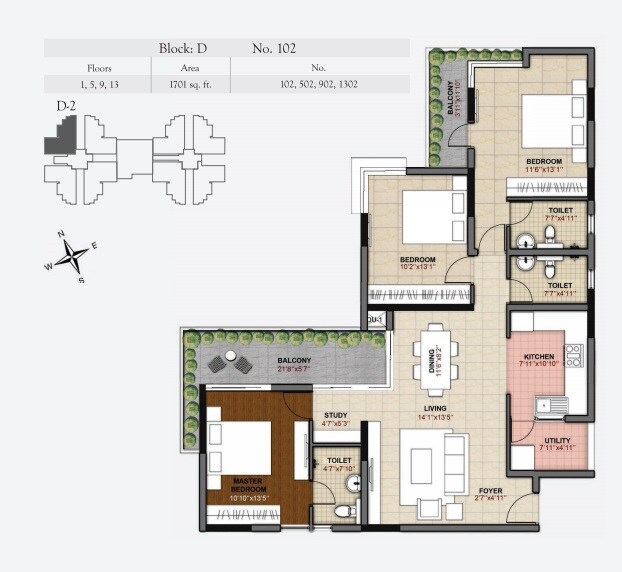 Floor plan of 3 BHK 1701 Sq. Ft. Apartment in Hoyasala Ace Phase 2, Bangalore