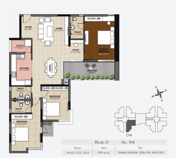 Floor plan of 3 BHK 1919 Sq. Ft. Apartment in Hoyasala Ace Phase 2, Bangalore