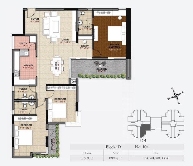 Floor plan of 3 BHK 1949 Sq. Ft. Apartment in Hoyasala Ace Phase 2, Bangalore