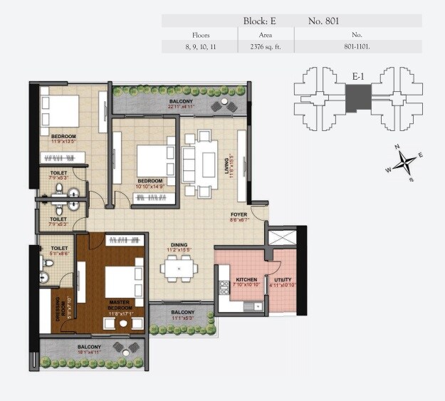 Floor plan of 3 BHK 2376 Sq. Ft. Apartment in Hoyasala Ace Phase 2, Bangalore