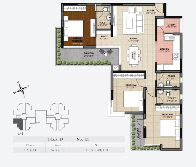 Floor plan of 4 BHK 1685 Sq. Ft. Apartment in Hoyasala Ace Phase 2, Bangalore