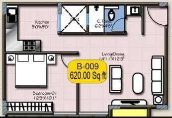 Floor plan of 1 BHK 620 Sq. Ft. Apartment in Hoyasala Broxia, Bangalore