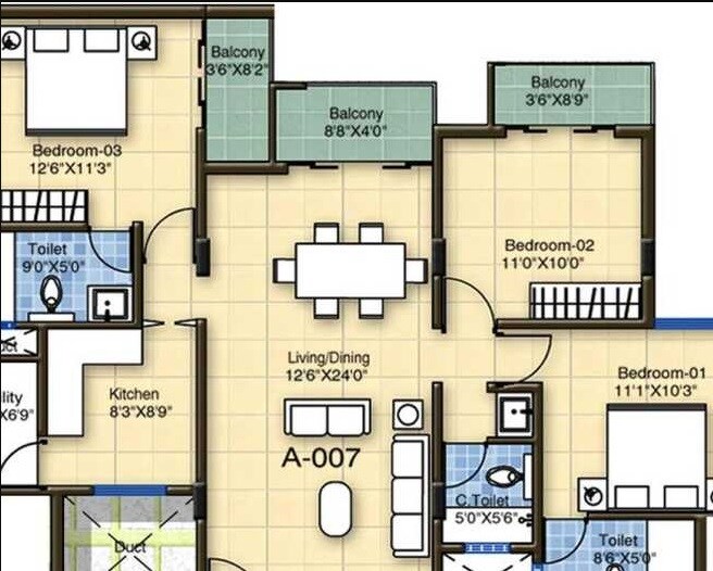 Floor plan of 2 BHK 1185 Sq. Ft. Apartment in Hoyasala Broxia, Bangalore