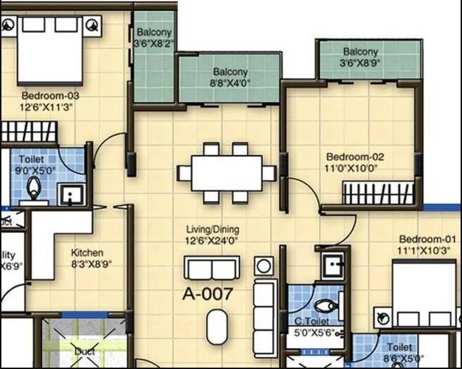 Floor plan of 3 BHK 1495 Sq. Ft. Apartment in Hoyasala Broxia, Bangalore