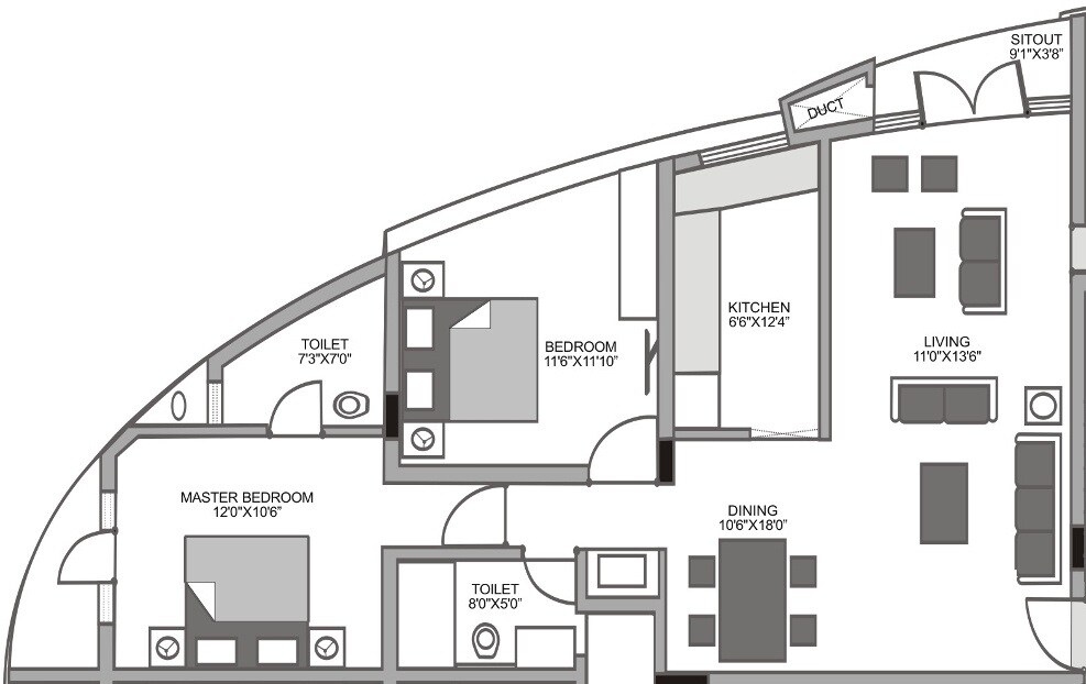 Floor plan of 2 BHK Apartment - 831 sq. ft. in Hoyasala Corpas, Bangalore
