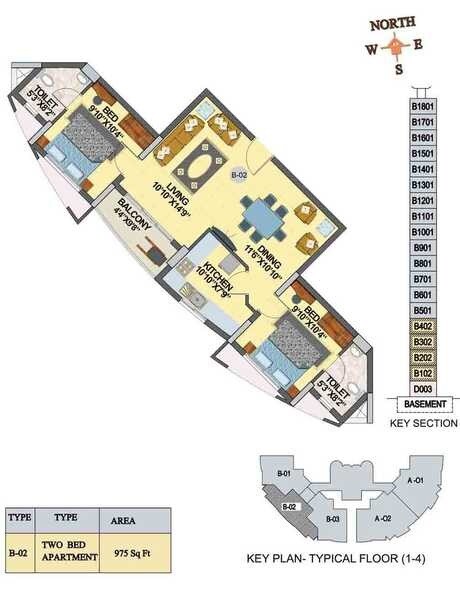 Floor plan of 2 BHK 975 Sq. Ft. Apartment in Hoyasala Infantry Tower, Bangalore