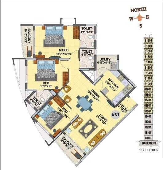 Floor plan of 3 BHK 1499 Sq. Ft. Apartment in Hoyasala Infantry Tower, Bangalore