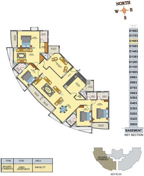 Floor plan of 4 BHK 3040 Sq. Ft. Apartment in Hoyasala Infantry Tower, Bangalore